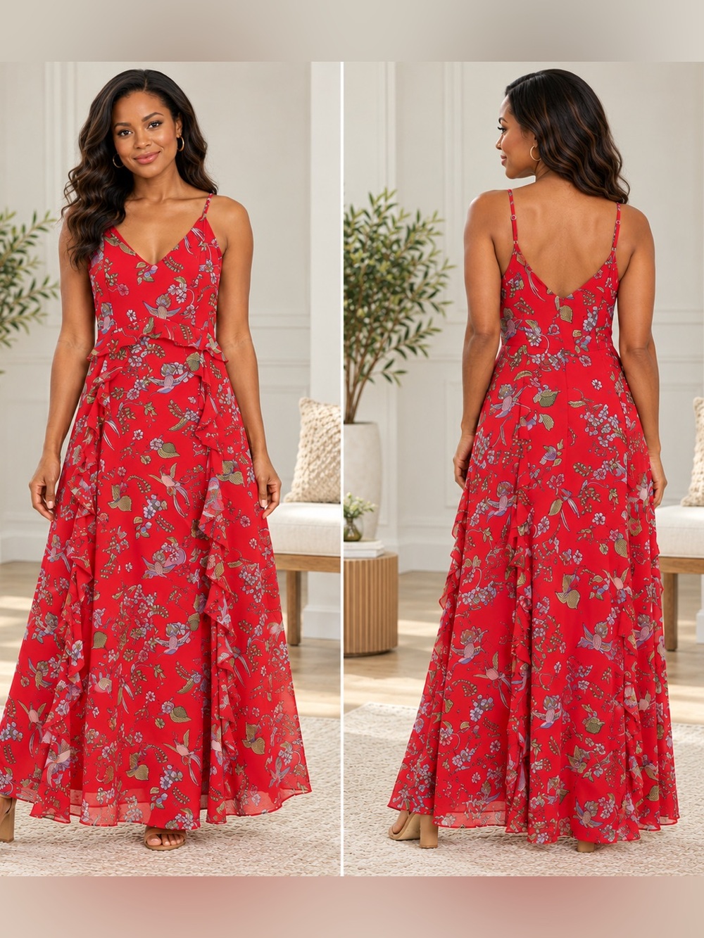 Nanette Lepore Red Floral Bird Print Maxi Dress Size 6